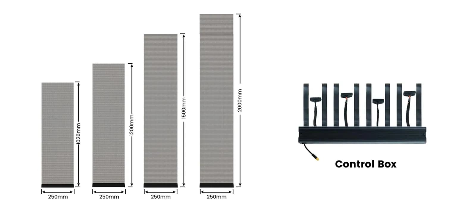 1025, 1200, 1500, 2000mm урттай 250mm өргөн модулиуд ба хяналтын хайрцаг